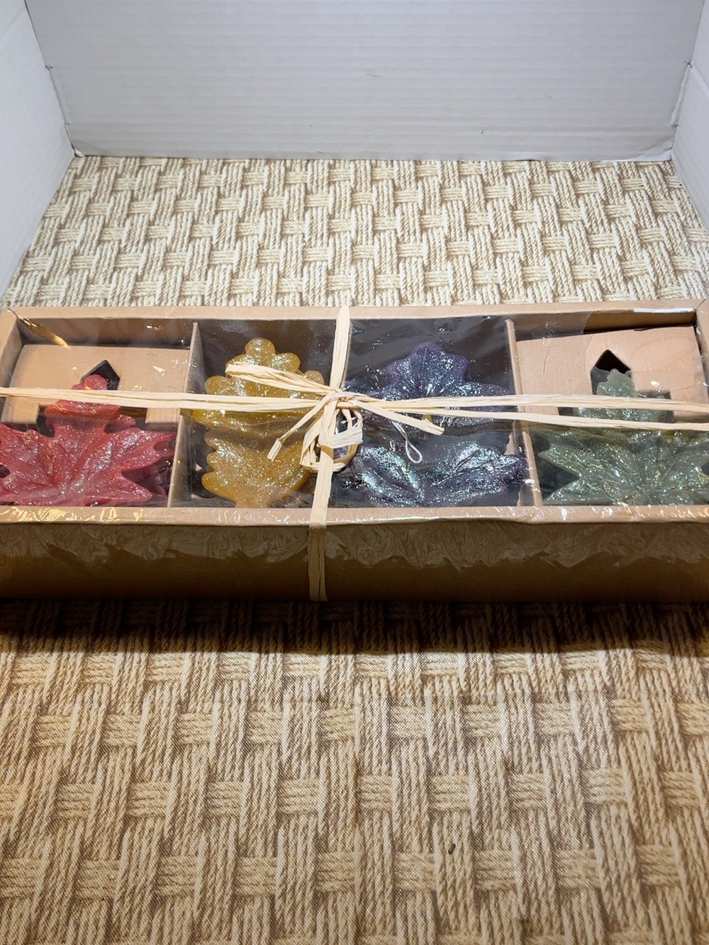 Set of 4 Glitter Fall Leaf Sculpted Candles Red Gold Purple Green Boxed